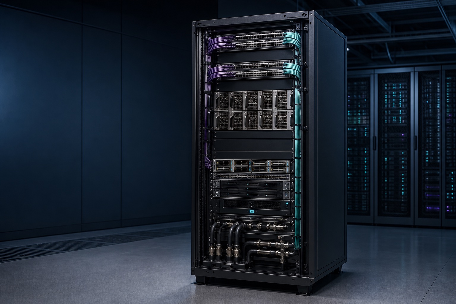 Integrated AI infrastructure rack with compute, networking, storage, power and liquid cooling